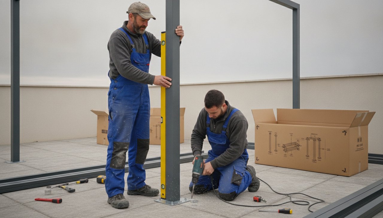 Deux artisans montant une pergola aluminium 3x3 sur une terrasse