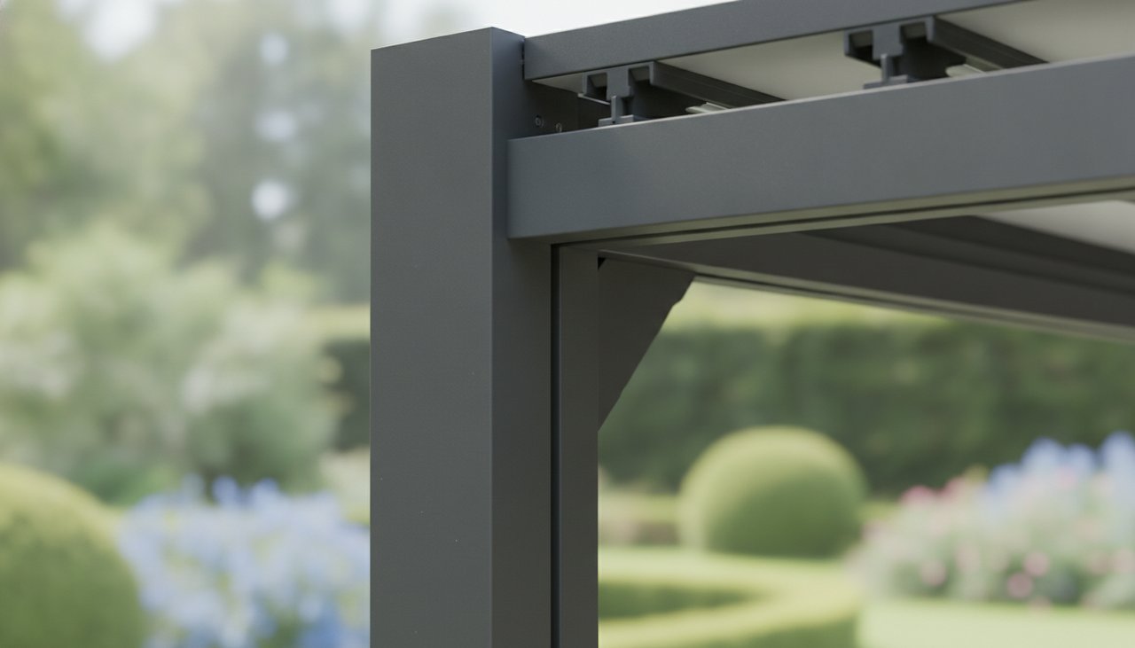 Détail d'assemblage d'un poteau de pergola aluminium anthracite