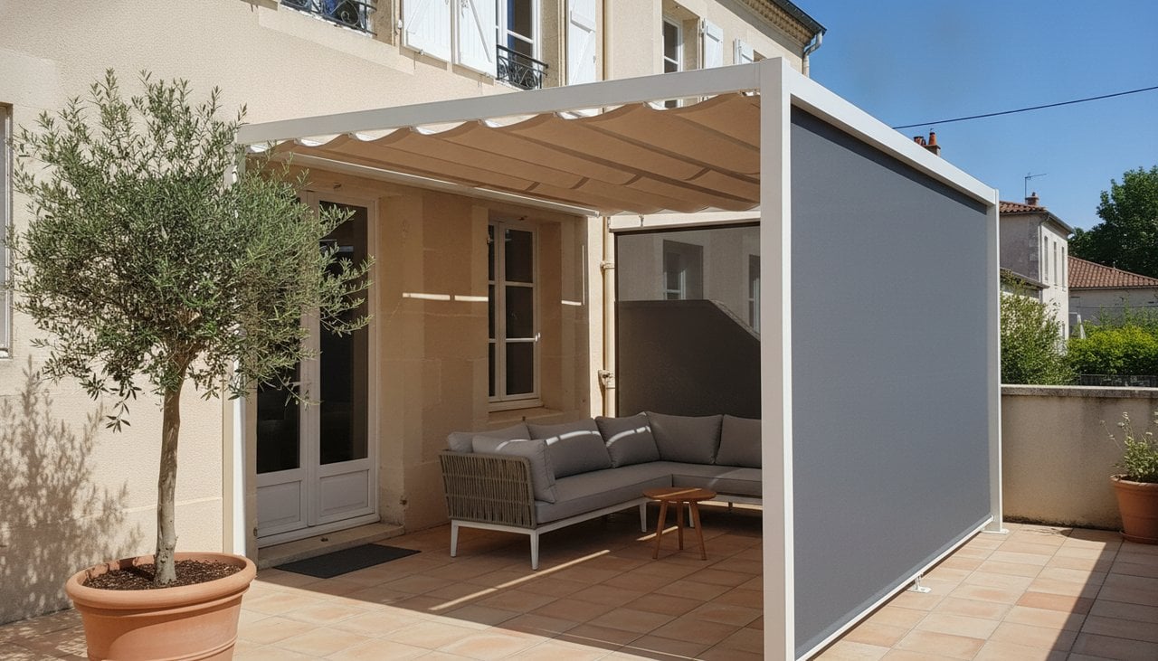 Pergola aluminium blanche à toile rétractable sur une petite terrasse