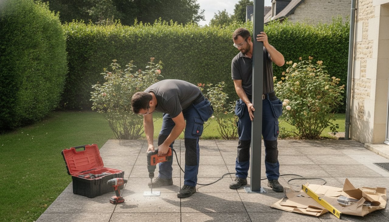 Installateurs professionnels montant une pergola aluminium sur une terrasse