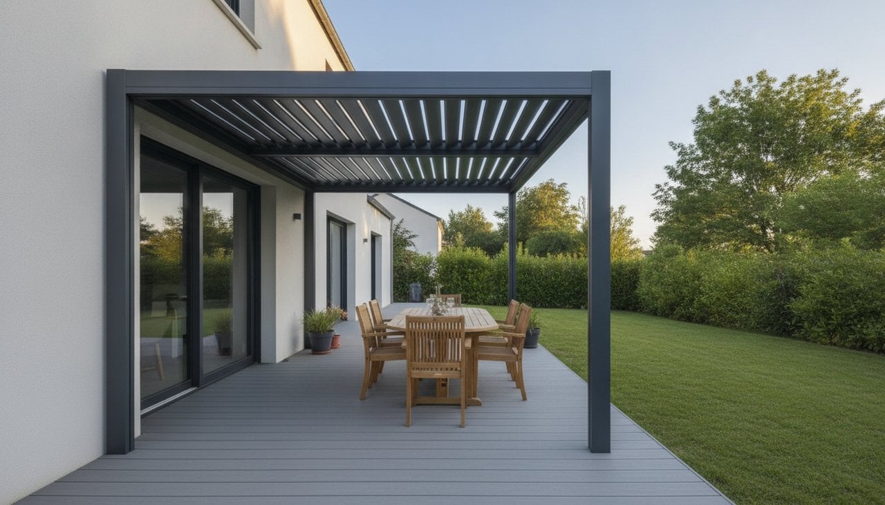 Pergola aluminium anthracite 4x3 adossée à une maison avec lames orientables