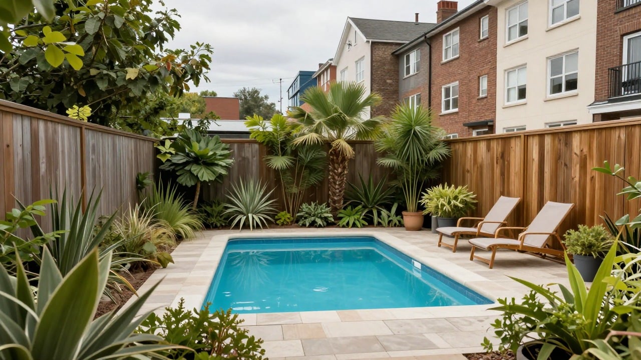 Petite piscine enterrée rectangulaire dans un jardin de ville entouré de murs et de plantes