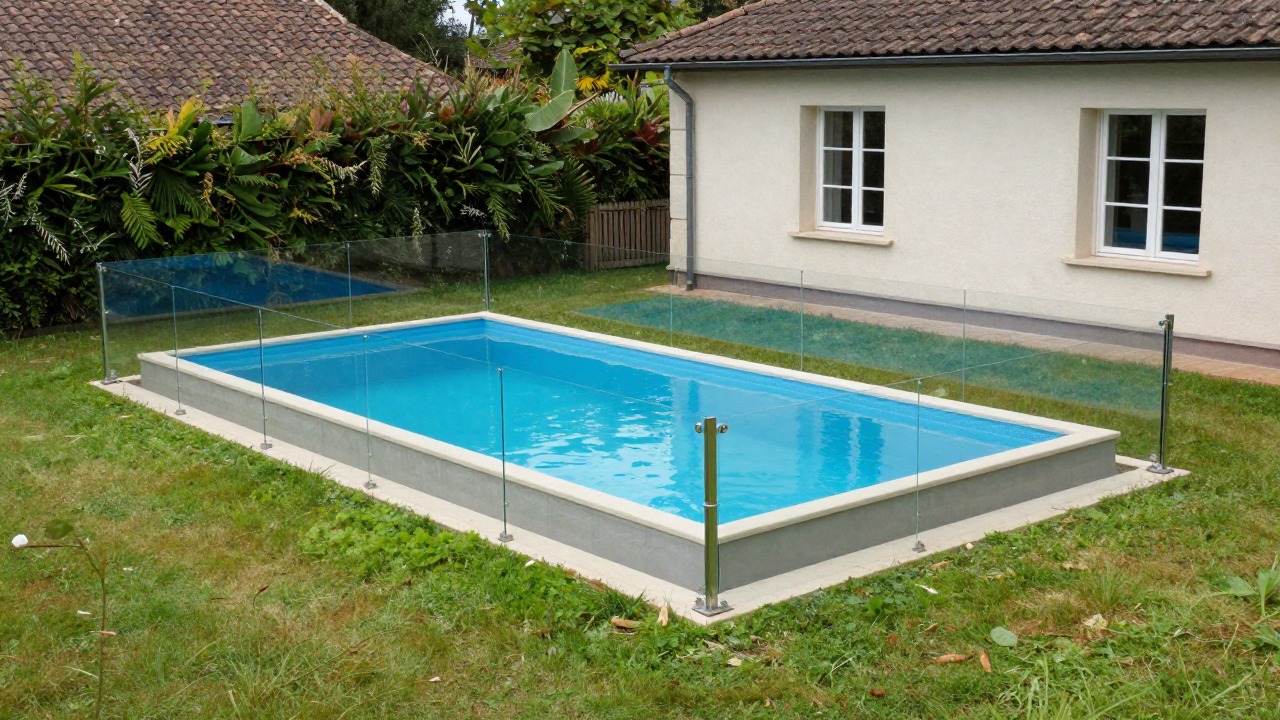 Petite piscine enterrée de moins de 10 m² entourée d'une barrière de sécurité dans un jardin
