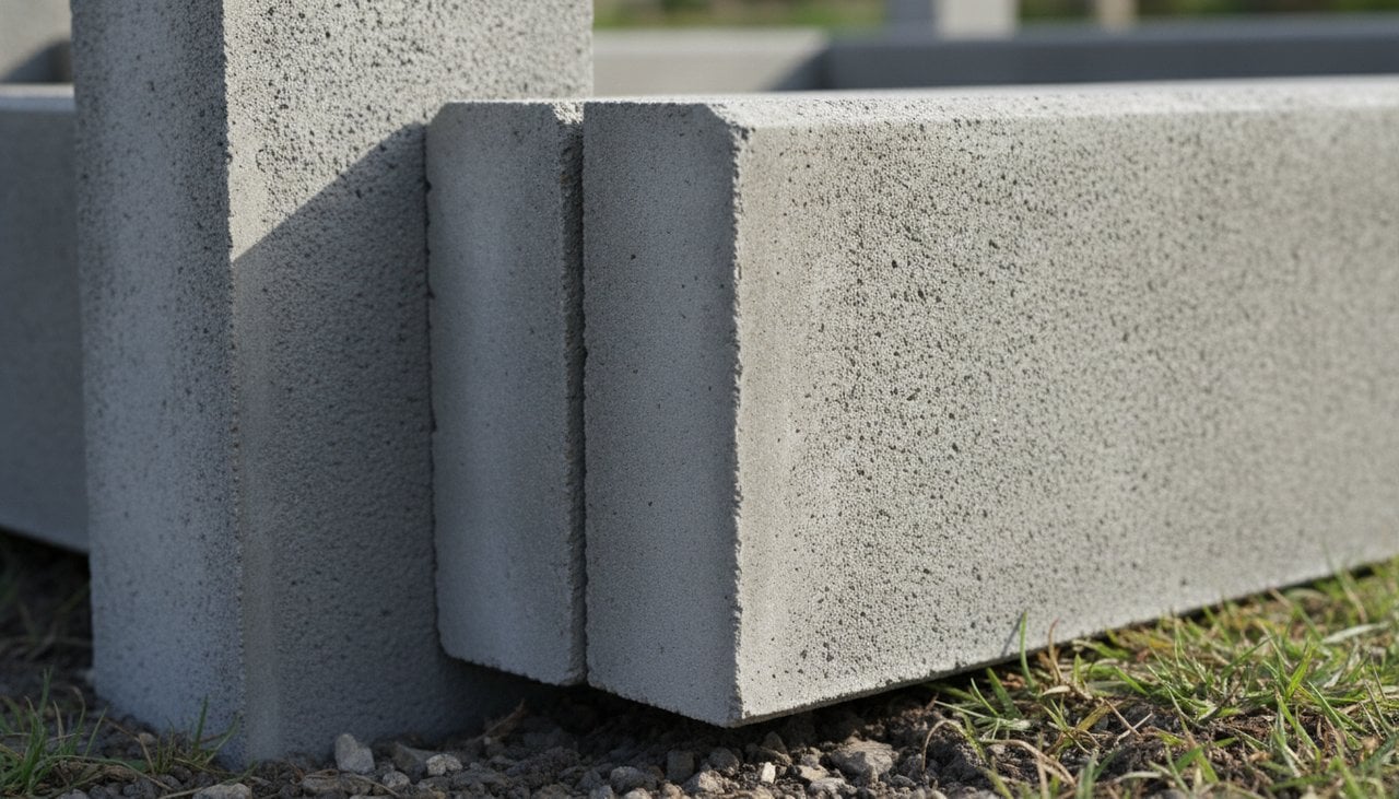 Plaque de béton de soubassement glissée dans un poteau en H de clôture