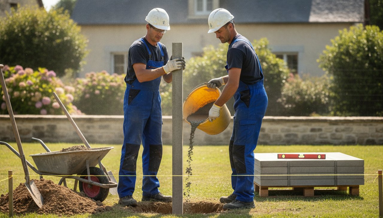 Pose d'une clôture avec plaques de béton et poteaux en H par un professionnel