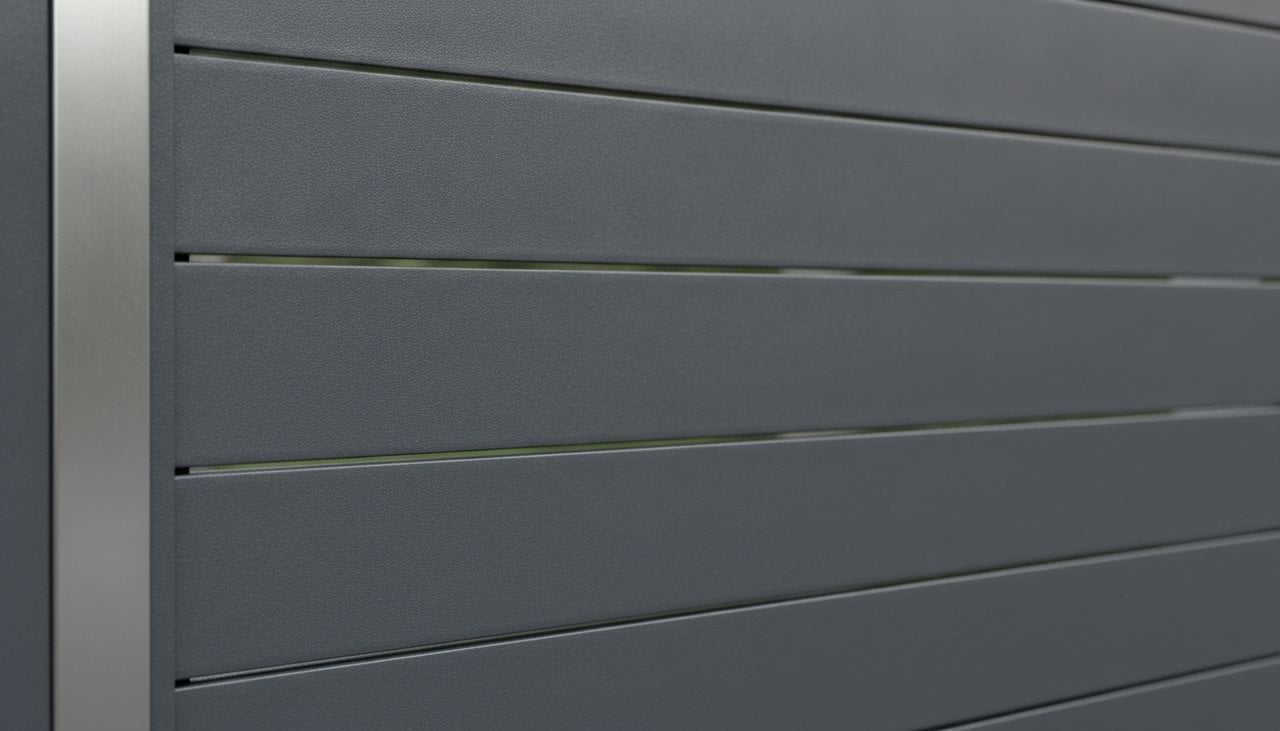 Gros plan sur les lames aluminium d'un portail battant anthracite en France