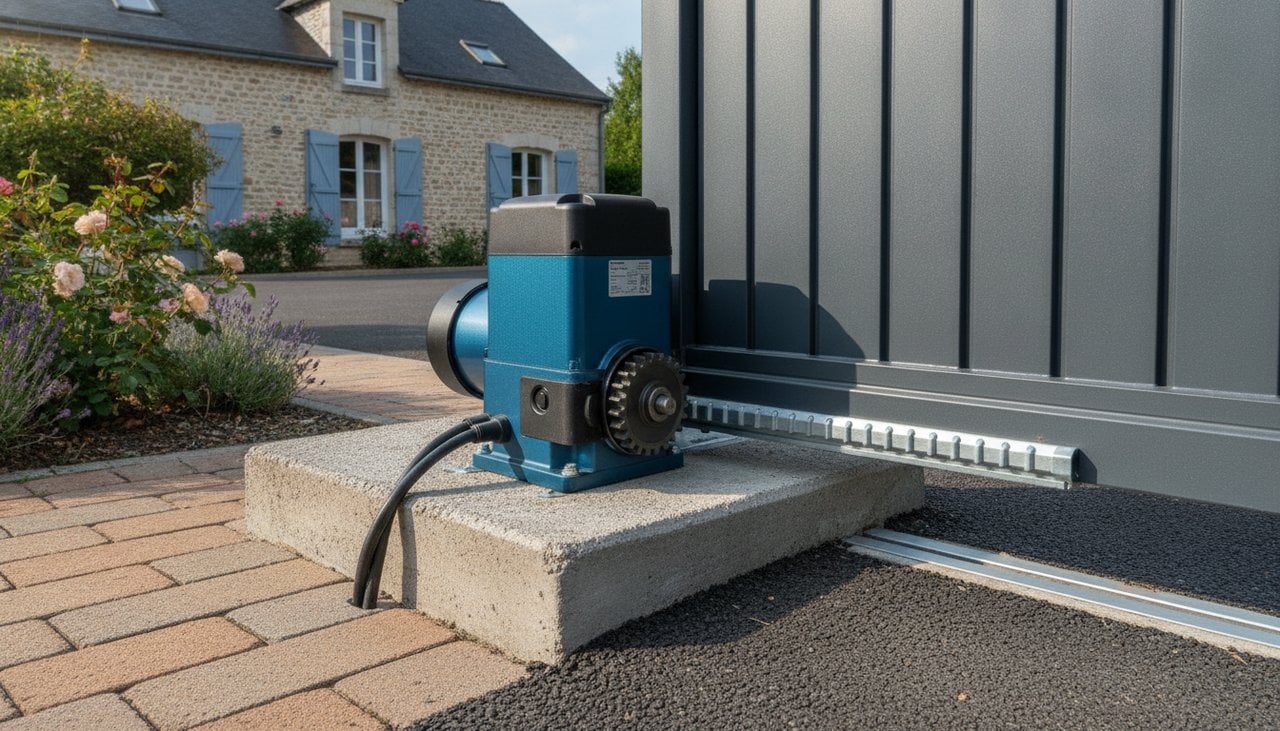 Moteur de portail coulissant en aluminium installé sur son rail au sol dans une entrée pavillonnaire