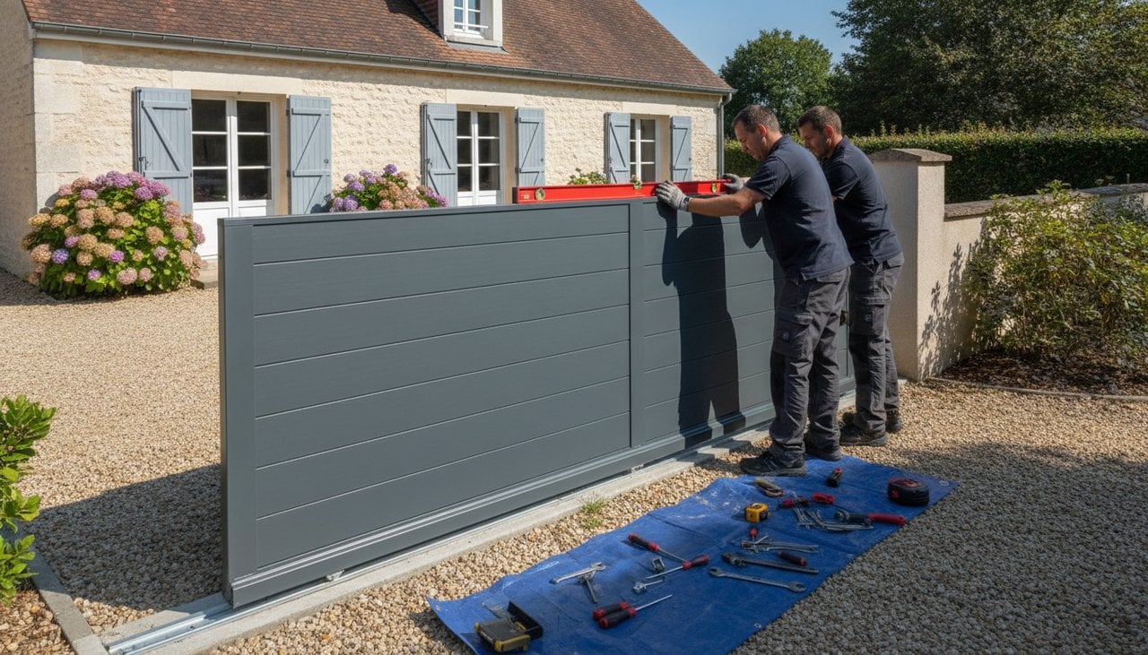 Deux poseurs professionnels alignant un portail aluminium coulissant devant une maison française