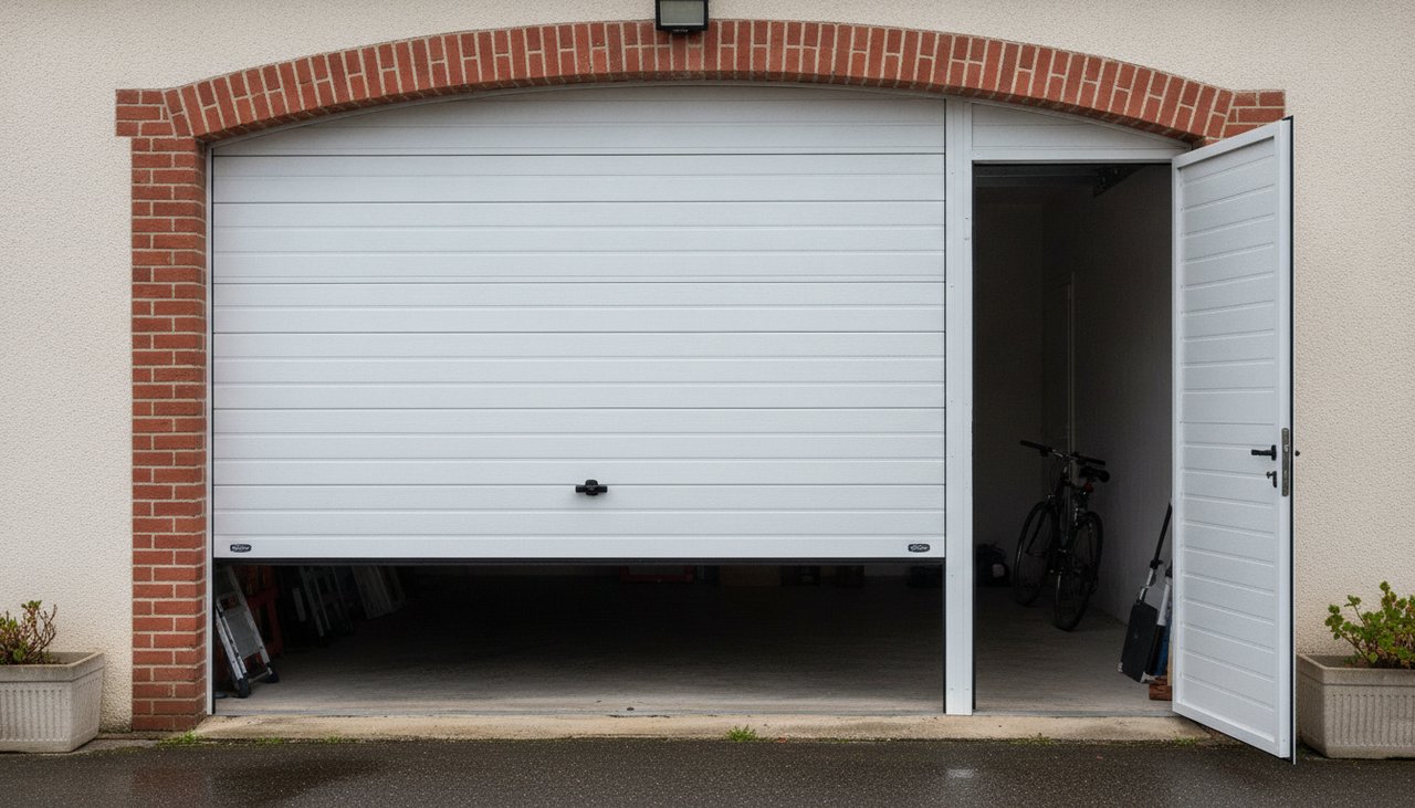 Porte de garage basculante blanche avec portillon intégré