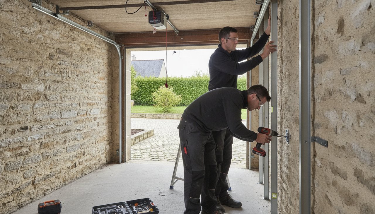 Deux installateurs professionnels posant les rails d'une porte de garage sectionnelle