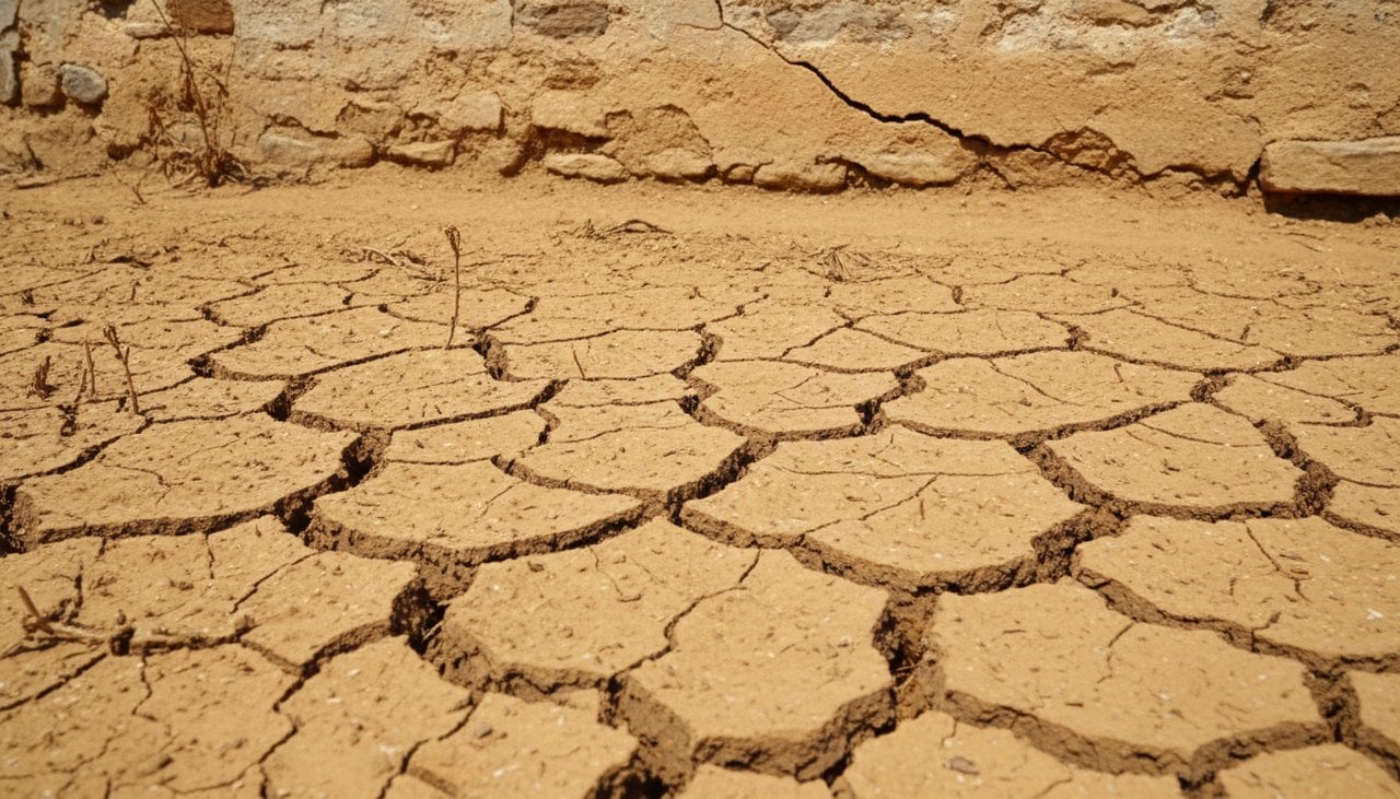 Terrain argileux fissuré par la sécheresse avant une étude de sol géotechnique