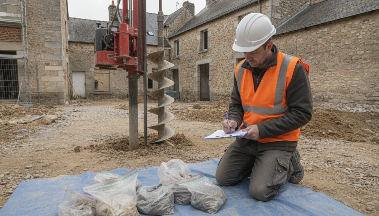 Ingénieur géotechnicien réalisant un sondage de sol sur un chantier de maison individuelle