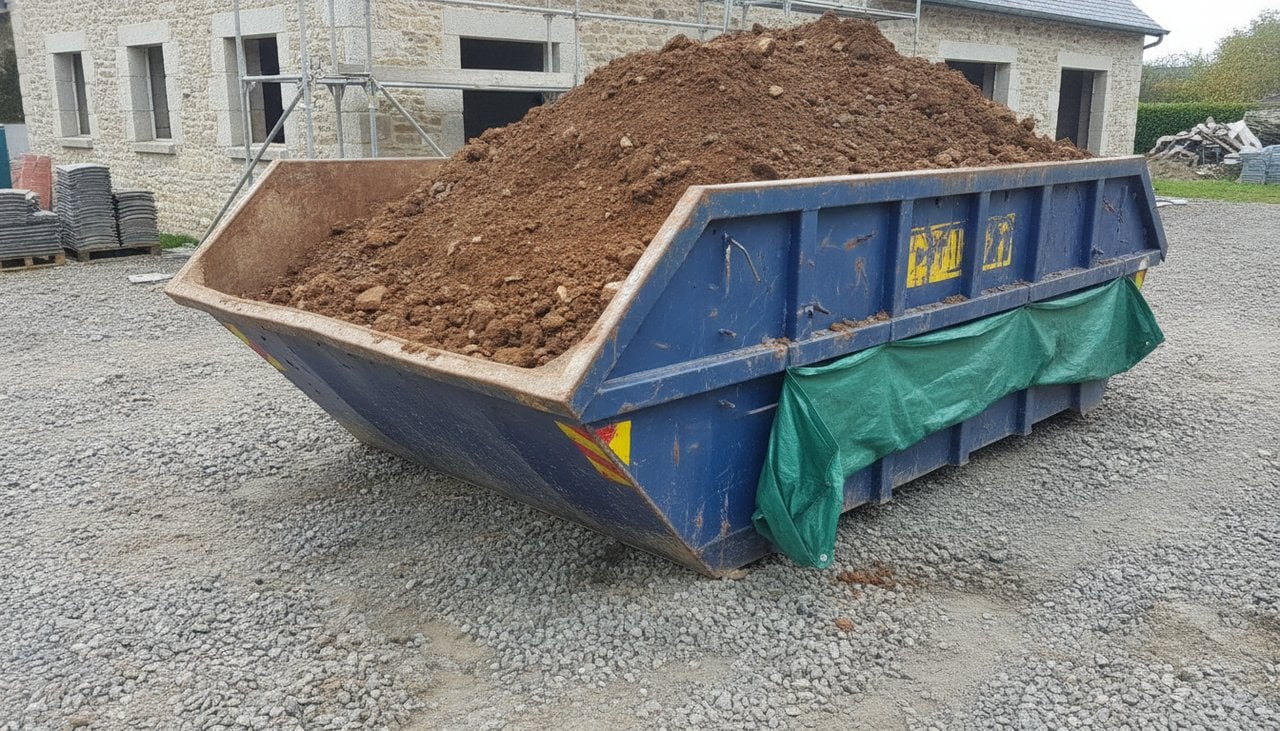 Benne remplie de terre argileuse sur un chantier de terrassement