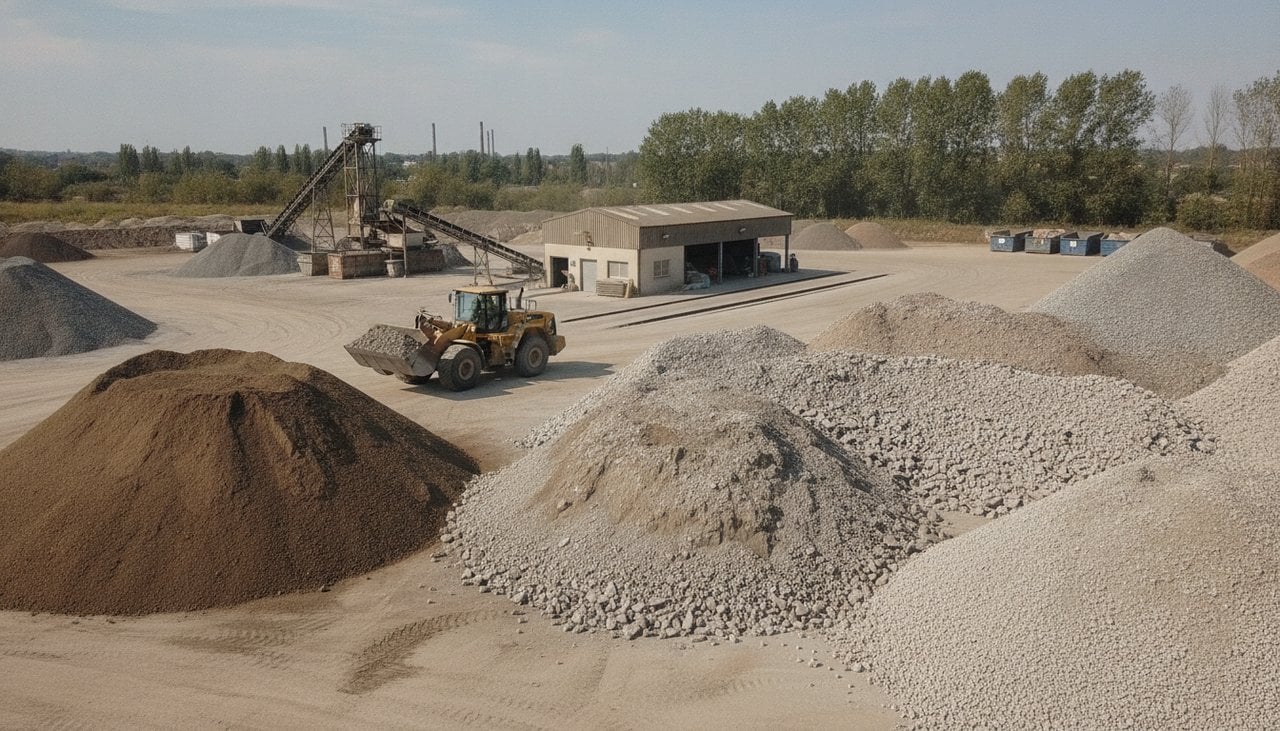 Plateforme de recyclage de déchets inertes avec tas de terre et de gravats triés