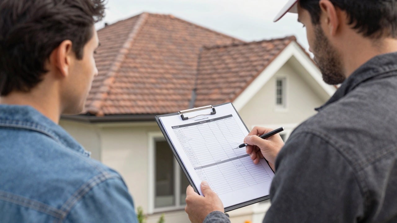 A homeowner and a roofing contractor reviewing a printed quote on a clipboard in front of a house with a newly renovated roof, daytime