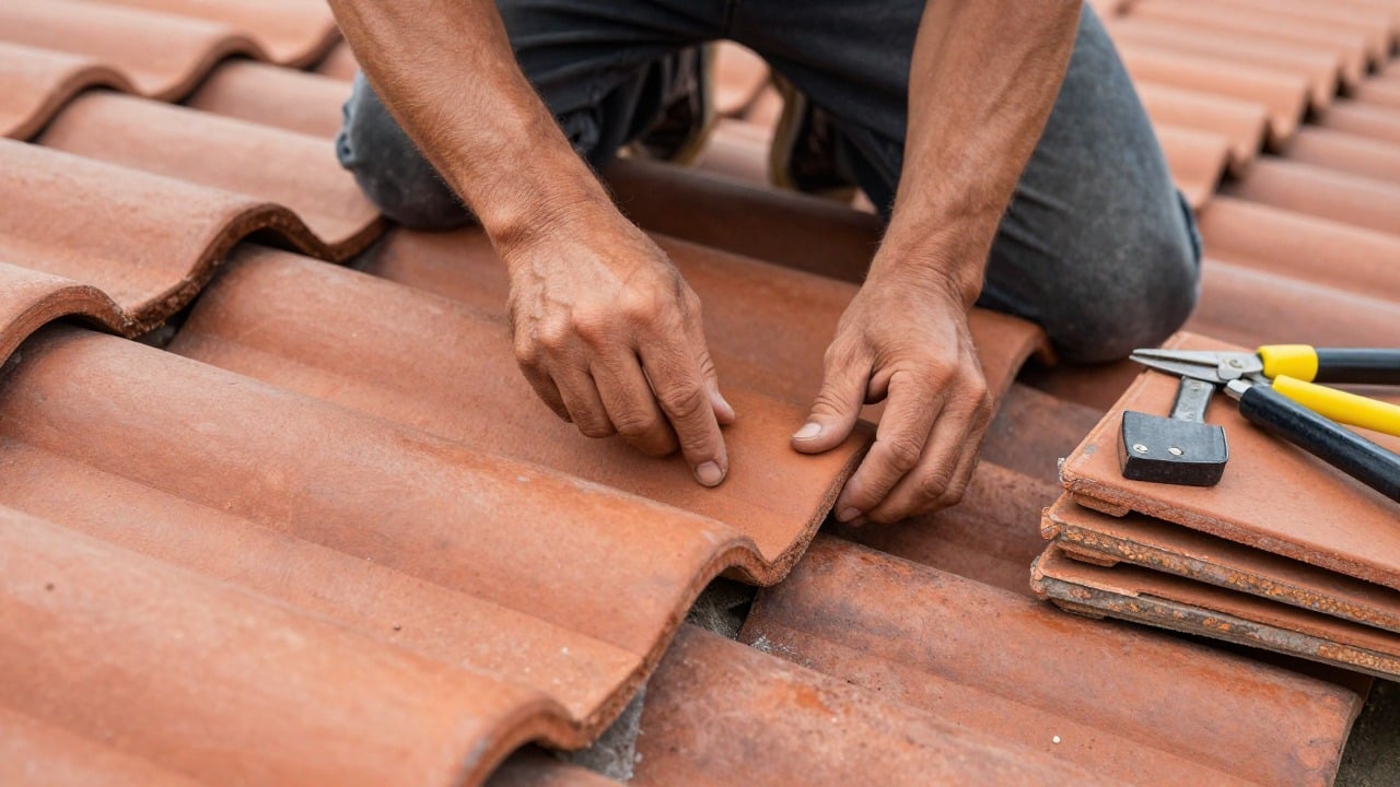 Close-up of roofer hands installing terracotta roof tiles, tools and tile stack nearby, natural texture visible