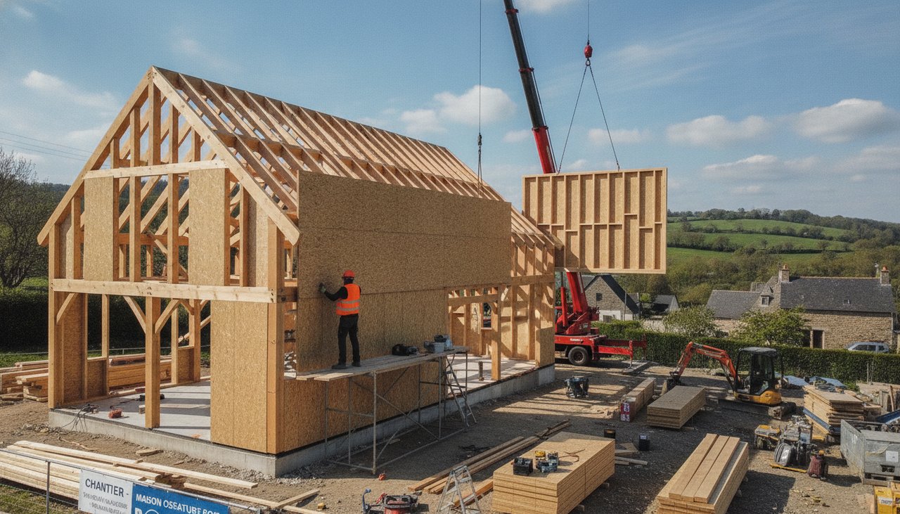 Chantier de maison ossature bois de 100m2 avec levage d'un mur préfabriqué