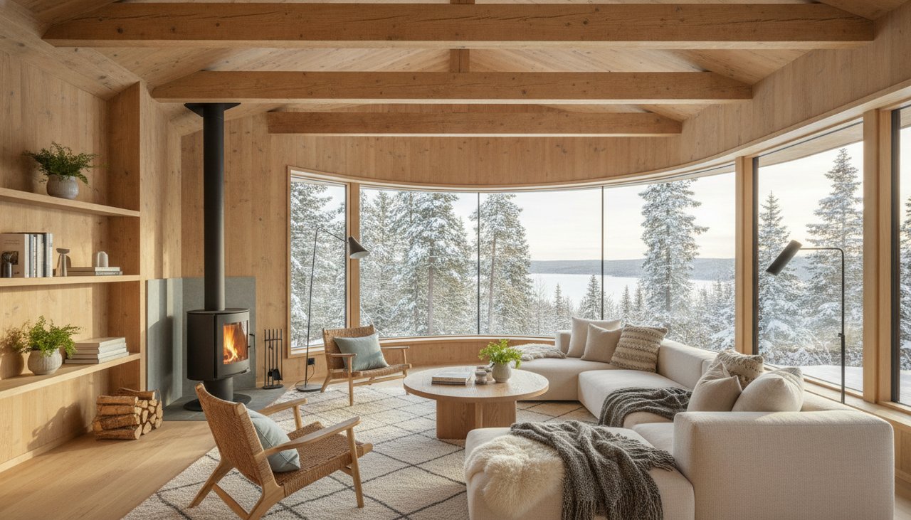 Intérieur lumineux d'une maison en bois de 100m2 avec poutres apparentes