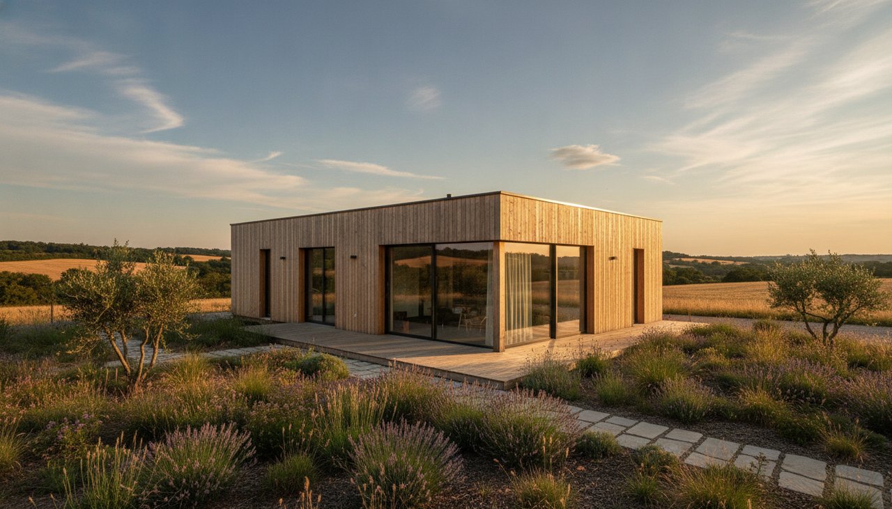 Maison ossature bois moderne de 100m2 avec bardage naturel