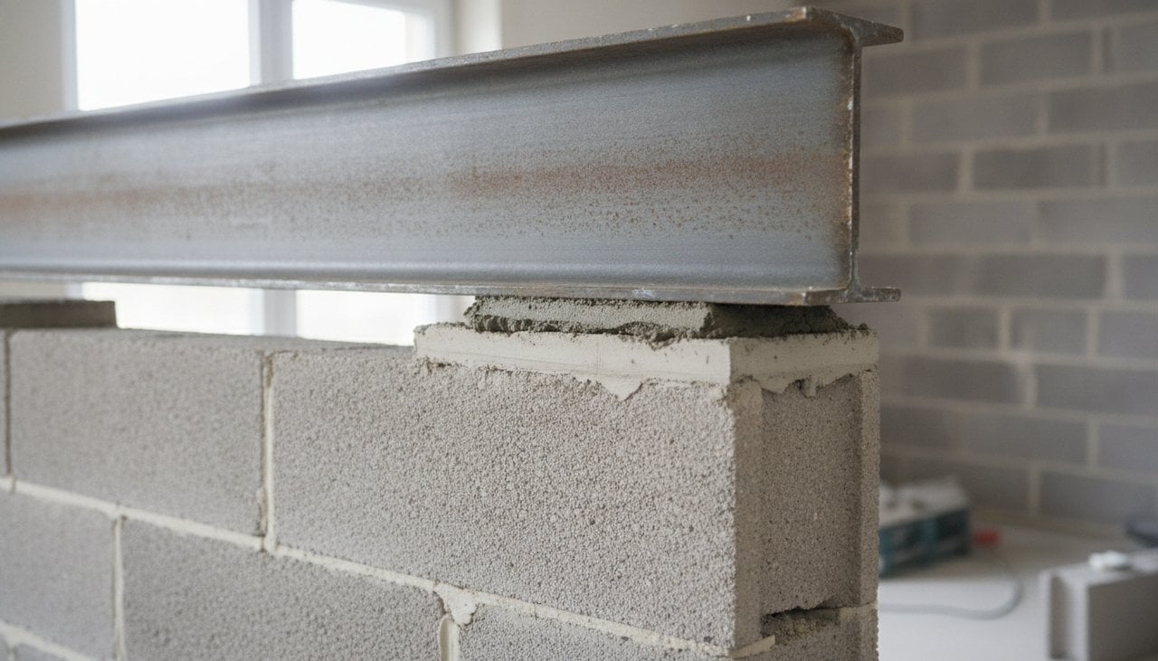 Poutre IPN posée sur appuis béton dans une ouverture de mur porteur de 4 mètres