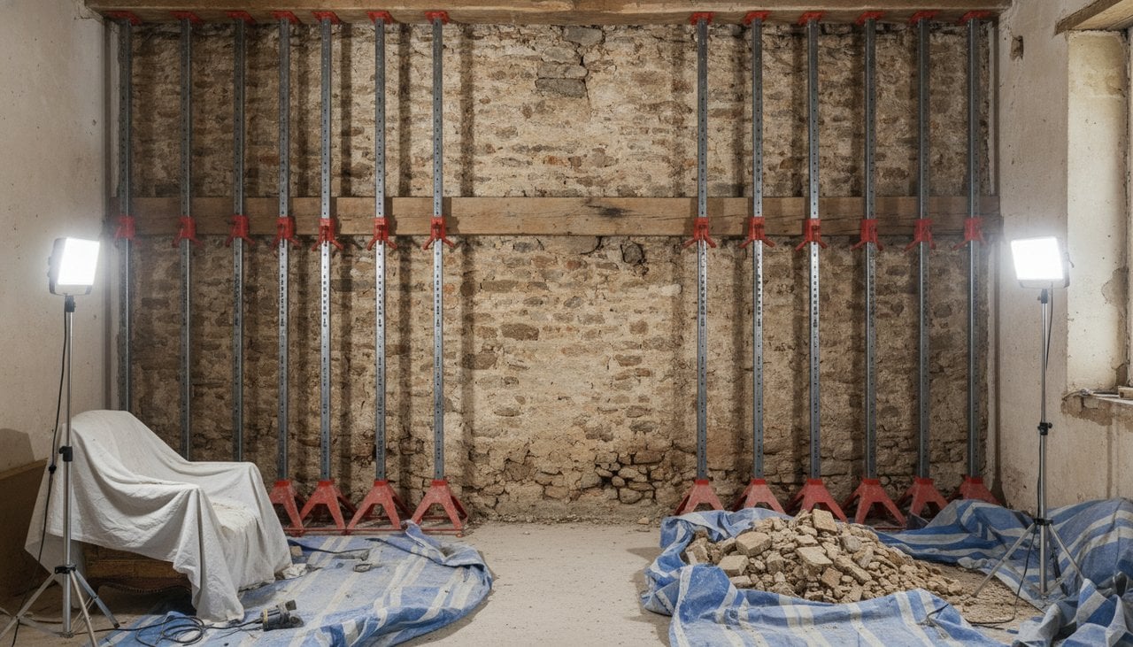 Étaiement d'un mur porteur avec étais métalliques avant démolition pour une ouverture de 4 m