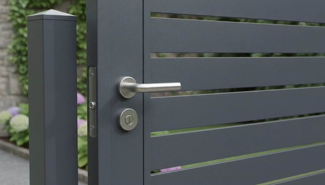 Détail des lames thermolaquées et de la serrure d'un portillon en aluminium anthracite