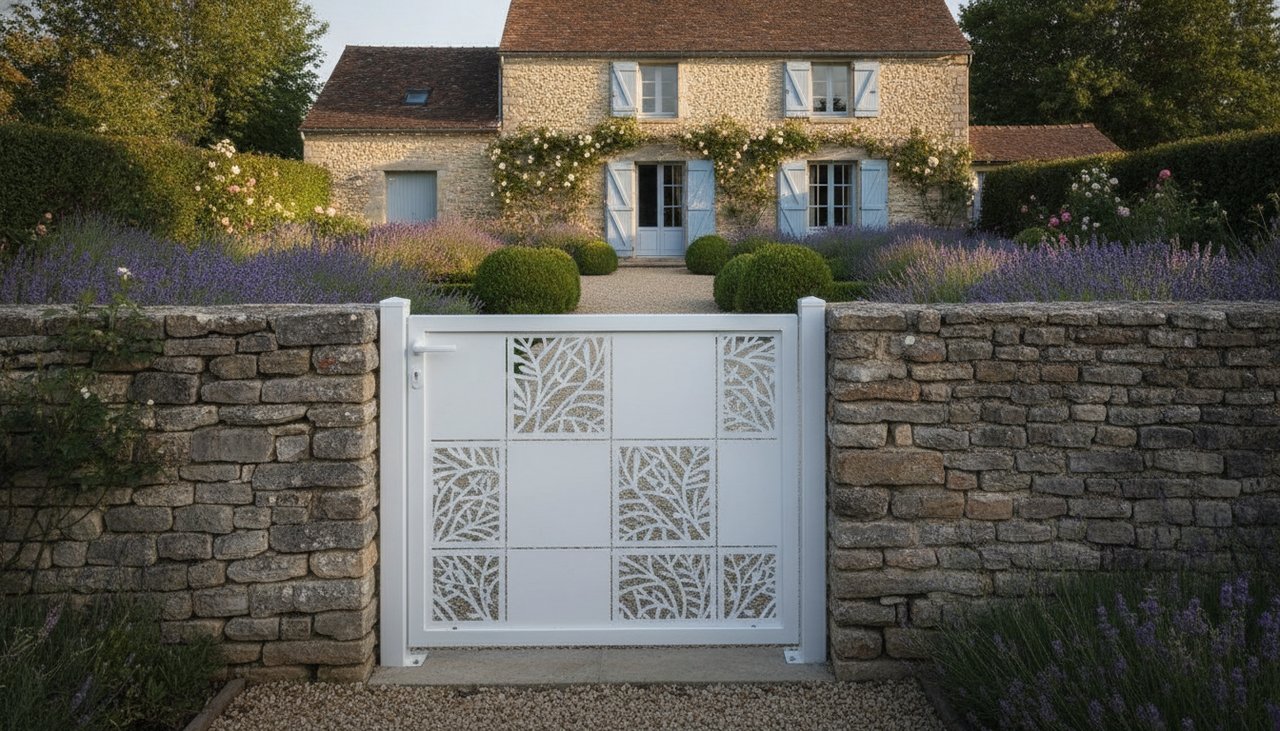 Portillon aluminium blanc à découpe laser décorative posé sur un muret de pierre