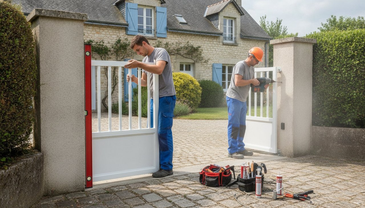Deux poseurs professionnels fixant un portillon aluminium sur un pilier béton