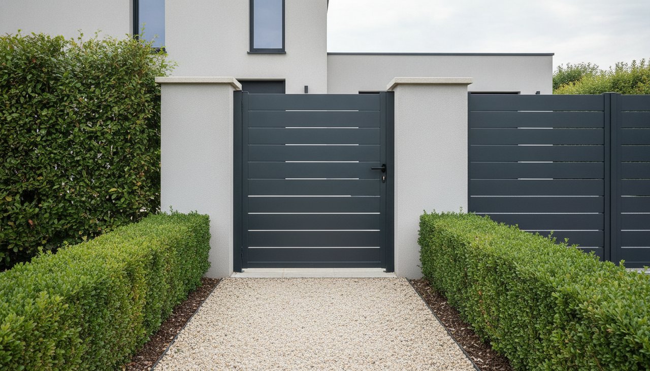 Portillon aluminium anthracite installé à l'entrée d'une maison en 2026