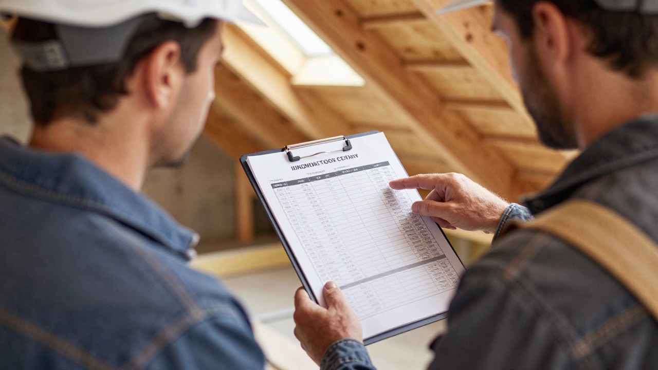 A homeowner and a contractor in work clothes reviewing a printed insulation quote on a clipboard inside a partially insulated attic, pointing at cost figures