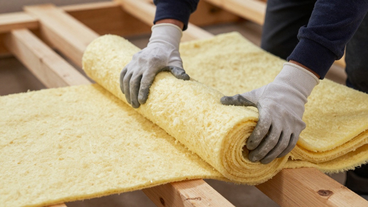 Close-up of gloved hands unrolling yellow mineral wool insulation blanket over wooden attic joists in natural daylight