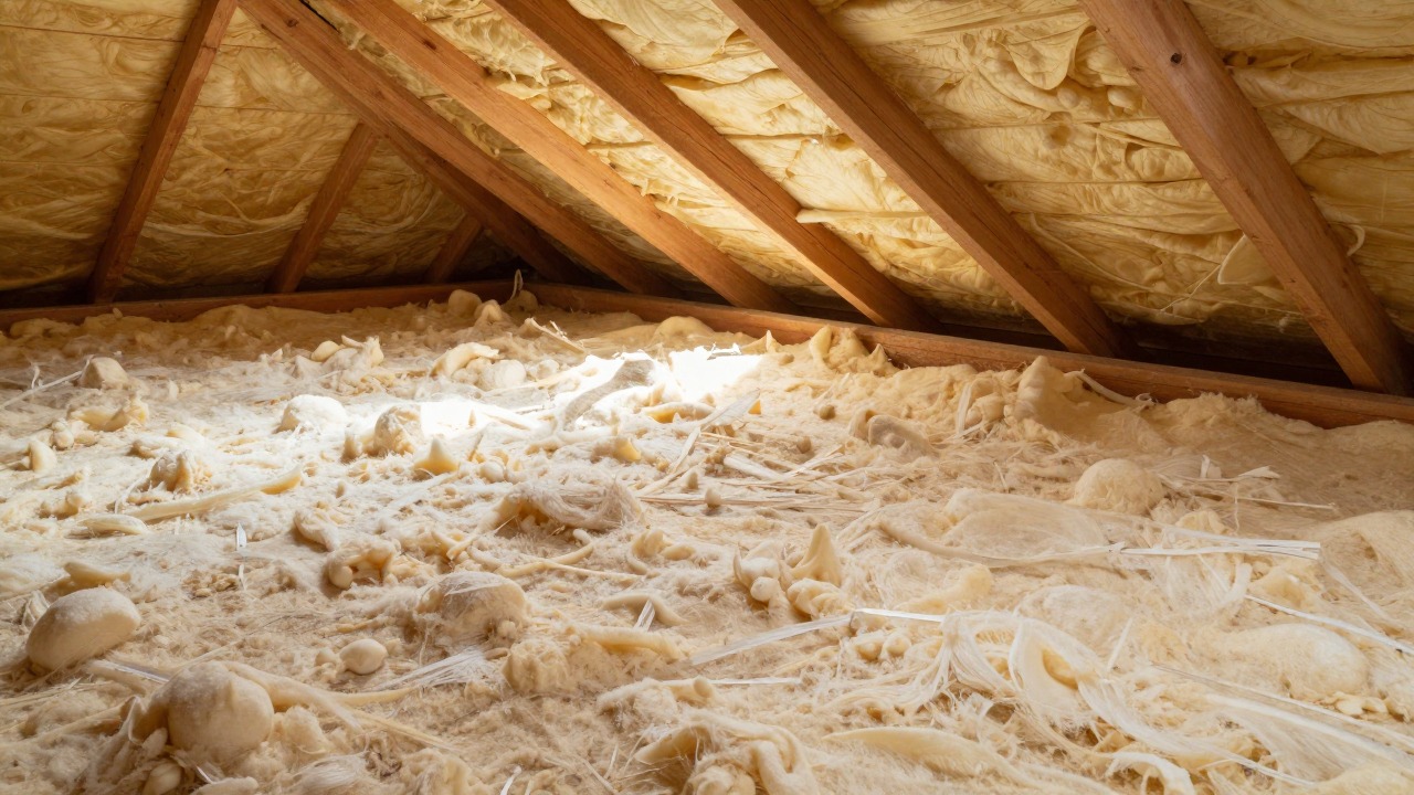 Wide shot of a fully insulated attic with thick blown-in cellulose insulation covering the floor between exposed wooden beams, soft afternoon light