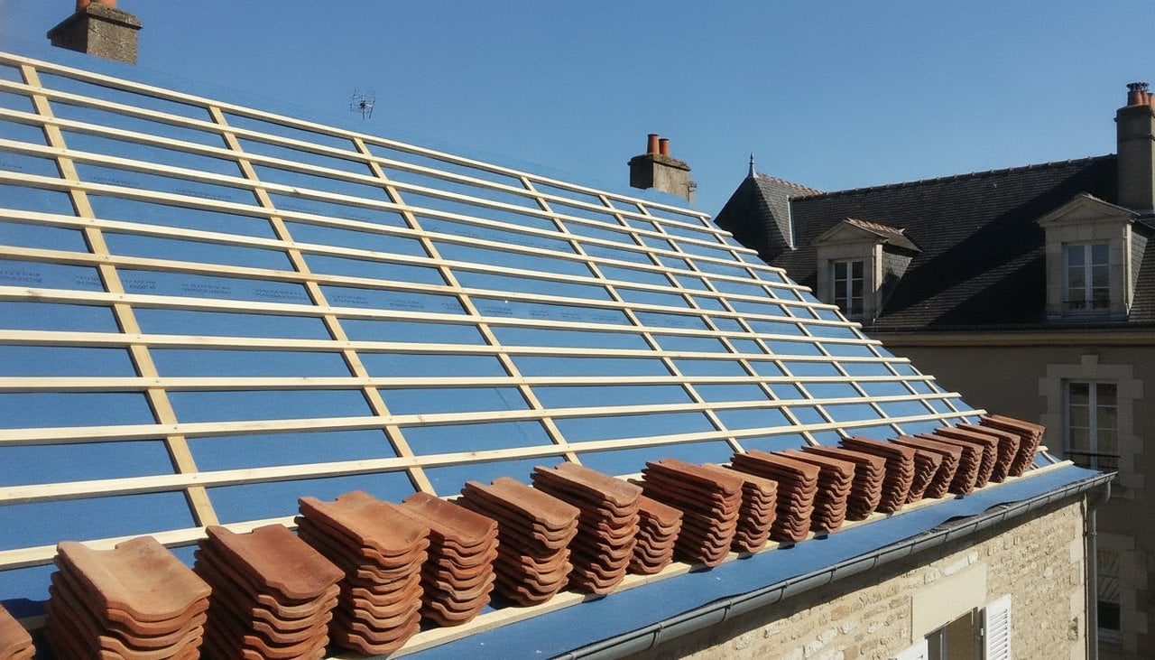 Écran sous-toiture et liteaux neufs posés avant la repose des tuiles lors d'un remaniement