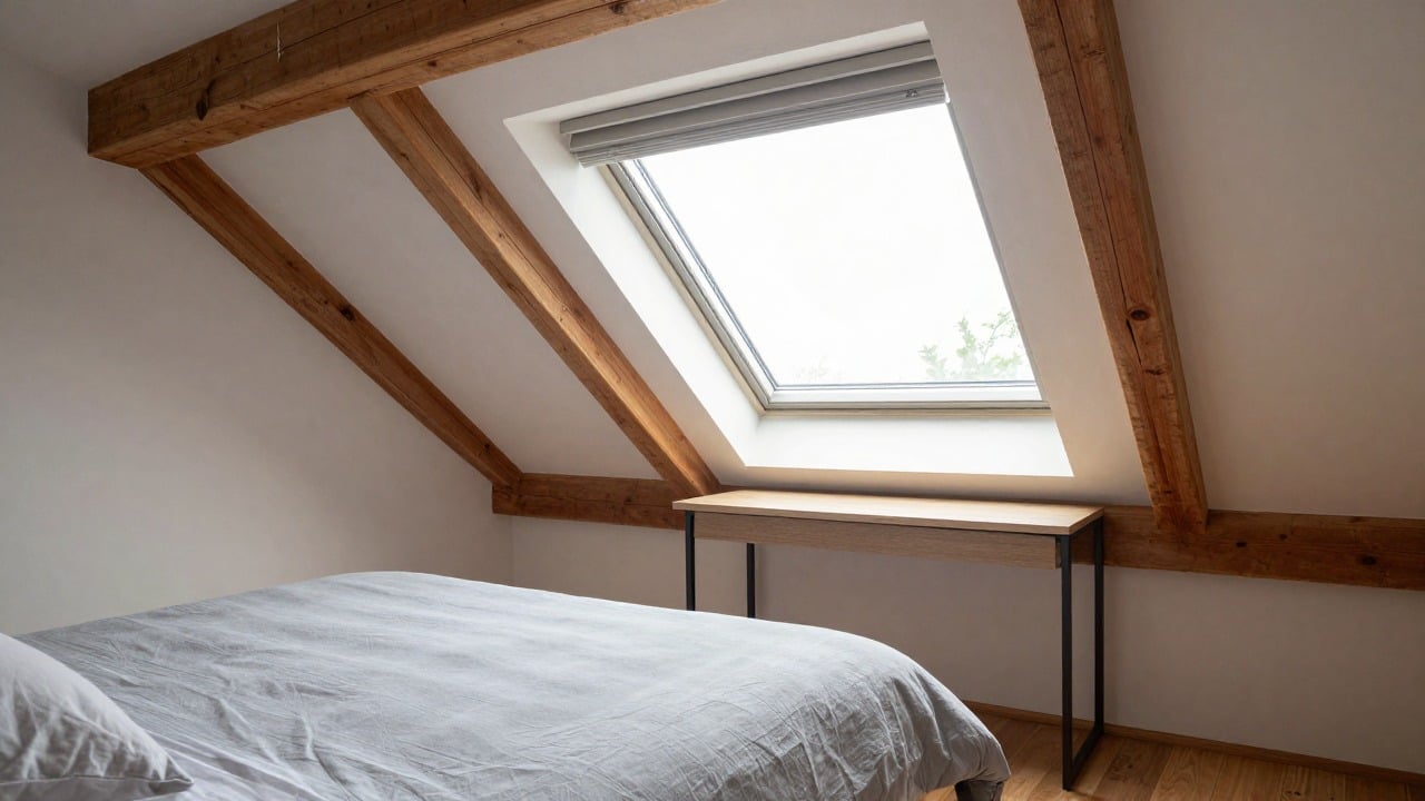 A bright converted attic bedroom under a large new roof window, exposed wooden beams, a bed with grey linen and a small desk placed under the daylight