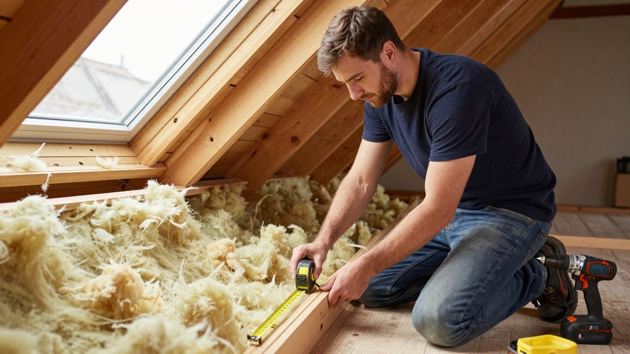 A craftsman kneeling in an attic measuring the opening of a roof window frame with a yellow tape measure, glass wool insulation and a cordless drill visible around him