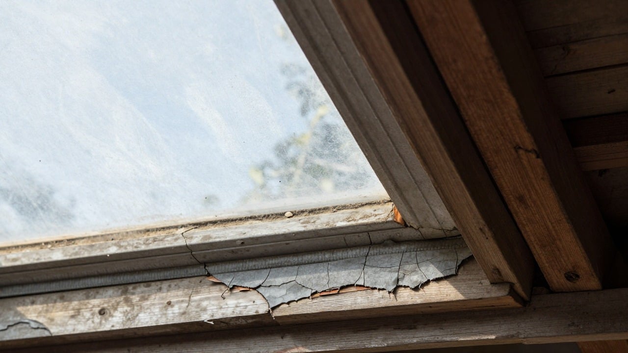 Close-up of an old weathered roof window with cracked grey sealant and a flaking wooden frame, seen from inside a dusty attic, daylight coming through the dirty glass