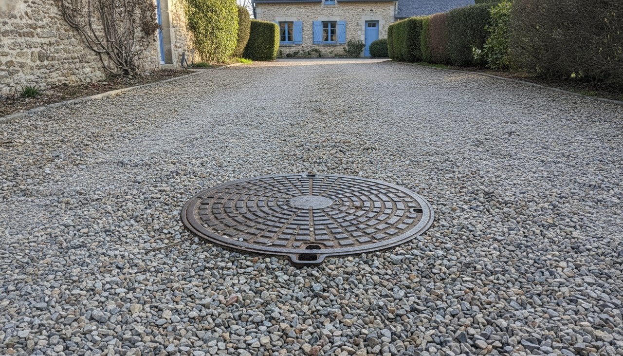 Artisan posant et scellant une rehausse de fosse septique en béton dans une fouille de jardin