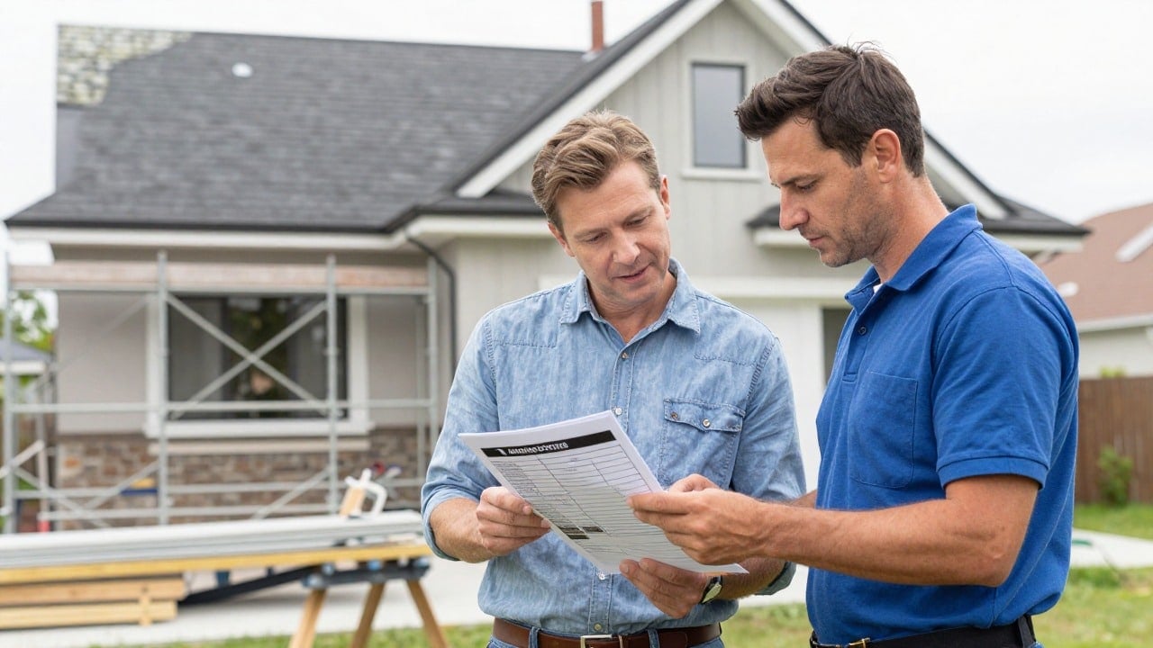 A homeowner and a roofing contractor reviewing a printed renovation quote together in front of a house with scaffolding and roofing materials