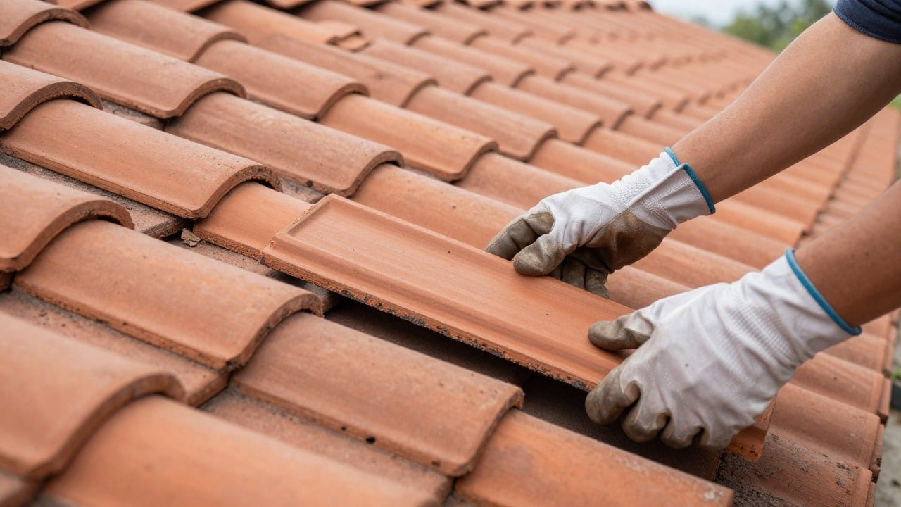 Close-up of gloved hands placing new terracotta roof tiles in neat rows on a sloped roof