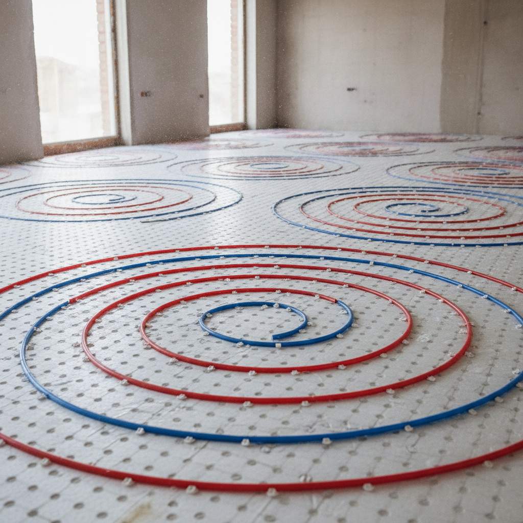 Réseau de tubes de plancher chauffant installé avant coulage de la chape béton