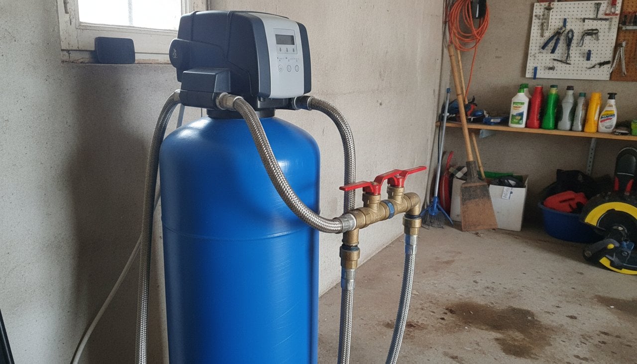 Tête de commande d'un adoucisseur d'eau avec by-pass et raccords entrée sortie