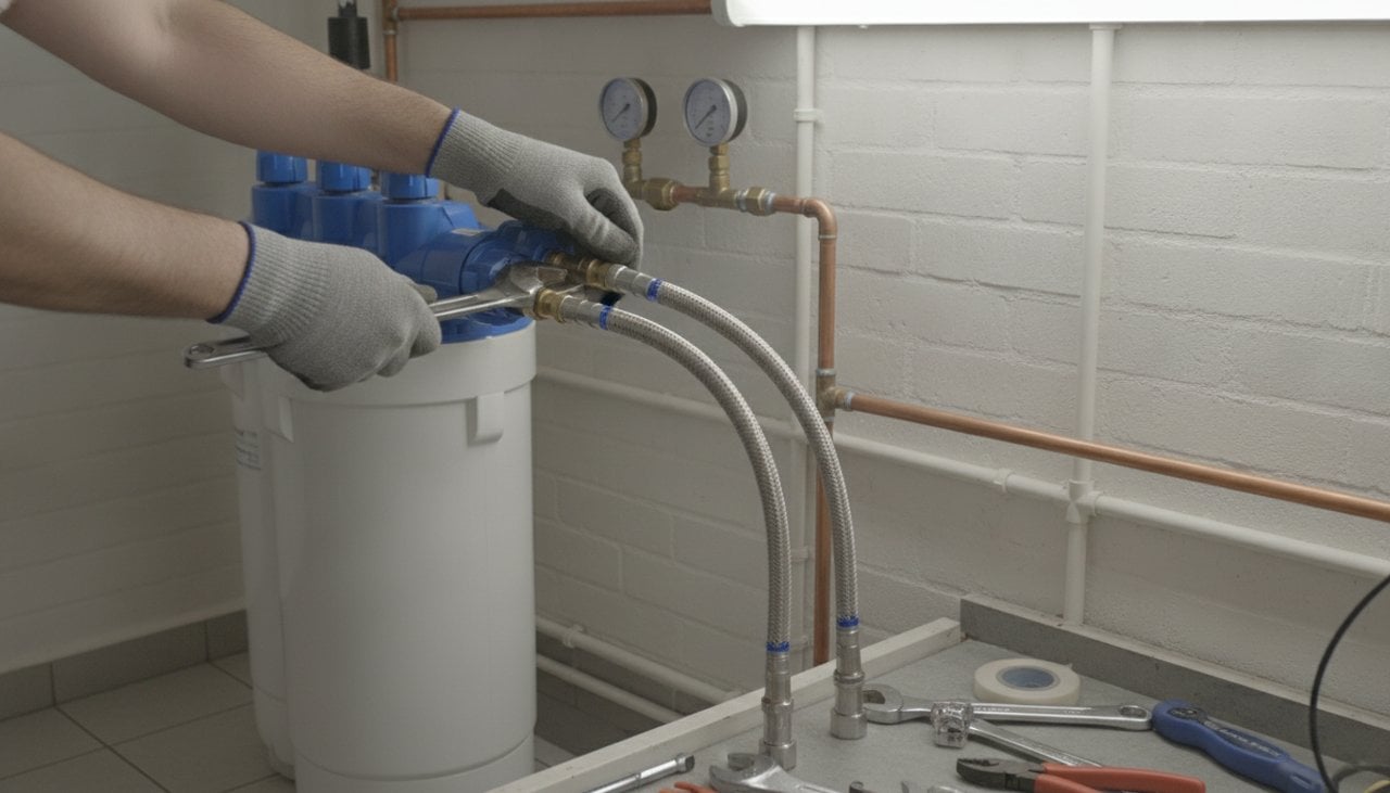 Plombier raccordant les flexibles d'un adoucisseur d'eau sur le by-pass