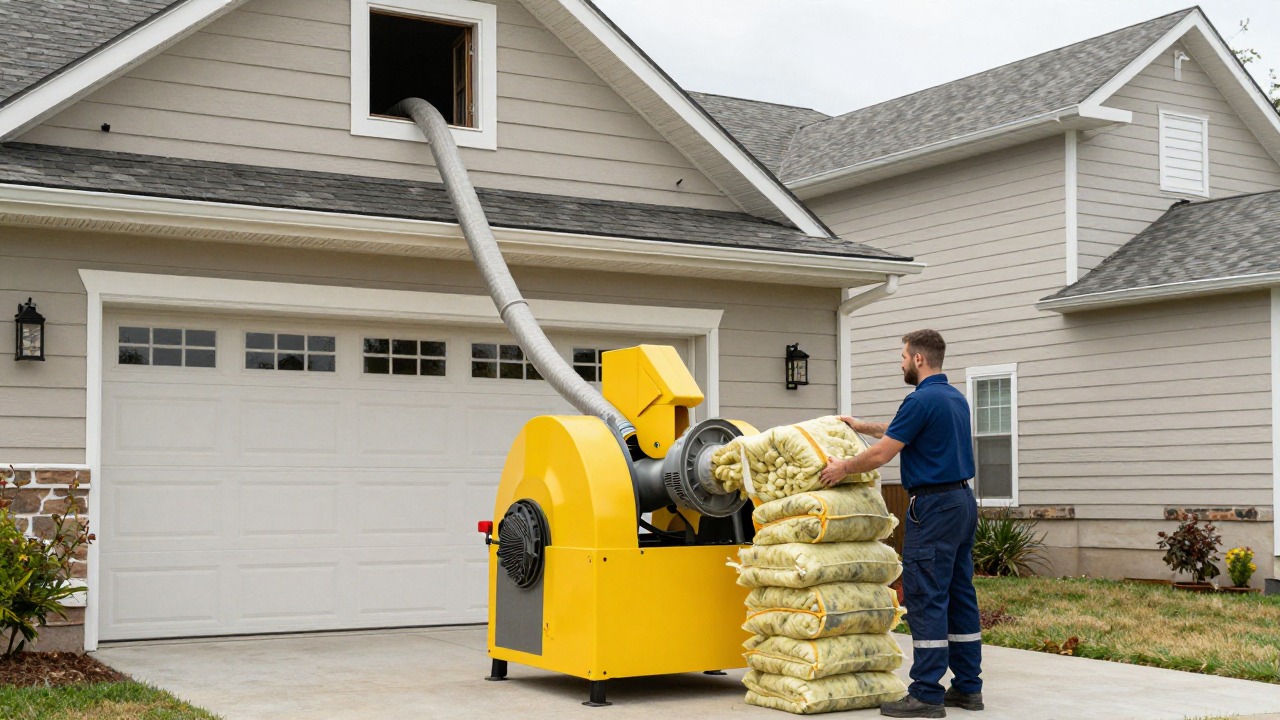 A technician standing outside a suburban house feeding compressed bags of rock wool into a yellow blowing machine parked in the driveway, a long hose climbing up through an open attic window