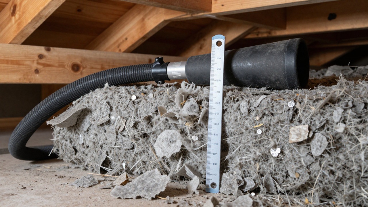 Close-up of loose grey rock wool flakes piled between wooden ceiling joists in an attic, the blowing hose nozzle resting on top, a graduated depth gauge planted upright in the insulation layer