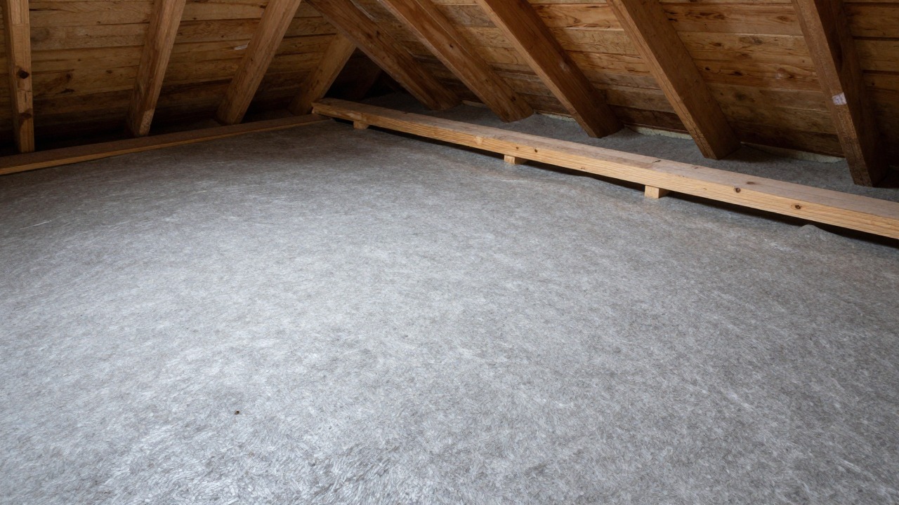 Wide view of a finished attic crawl space evenly covered with a thick even layer of grey mineral insulation, roof rafters and underlay visible above, a wooden walkway board crossing the space