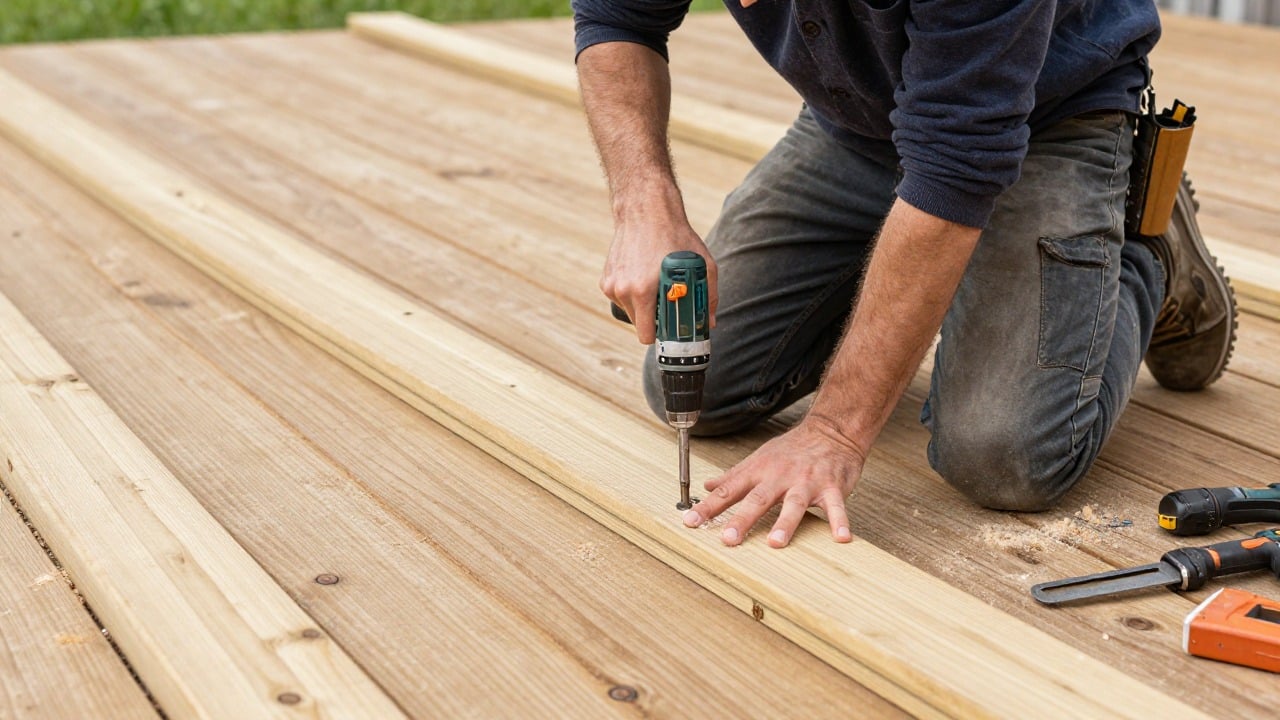 Carpenter kneeling on a partially built wooden terrace, screwing down deck boards with a cordless drill, sawdust and tools scattered nearby, natural daylight