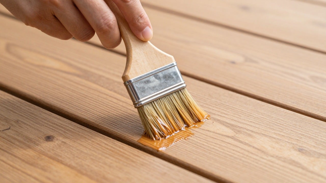 Close-up of a hand applying wood stain with a brush on natural wood decking boards, wet stain visible, warm natural light