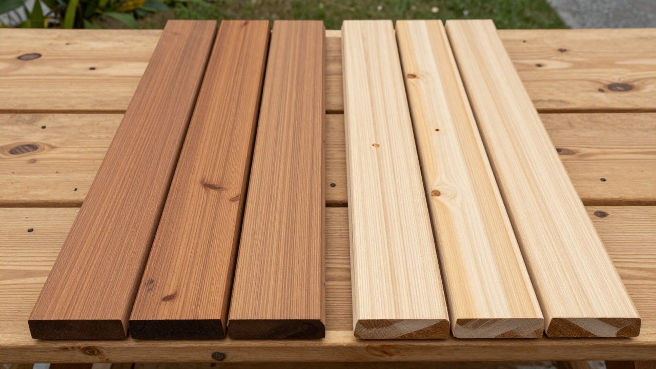 Side by side comparison of exotic hardwood decking samples and treated pine decking samples laid flat on a wooden workshop table outdoors