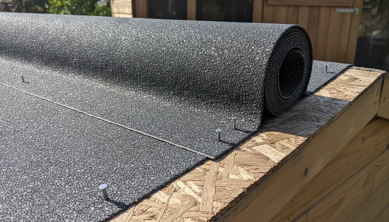 Gros plan sur un rouleau de bardeau bitumé ardoisé déroulé sur le support OSB d'un toit d'abri de jardin