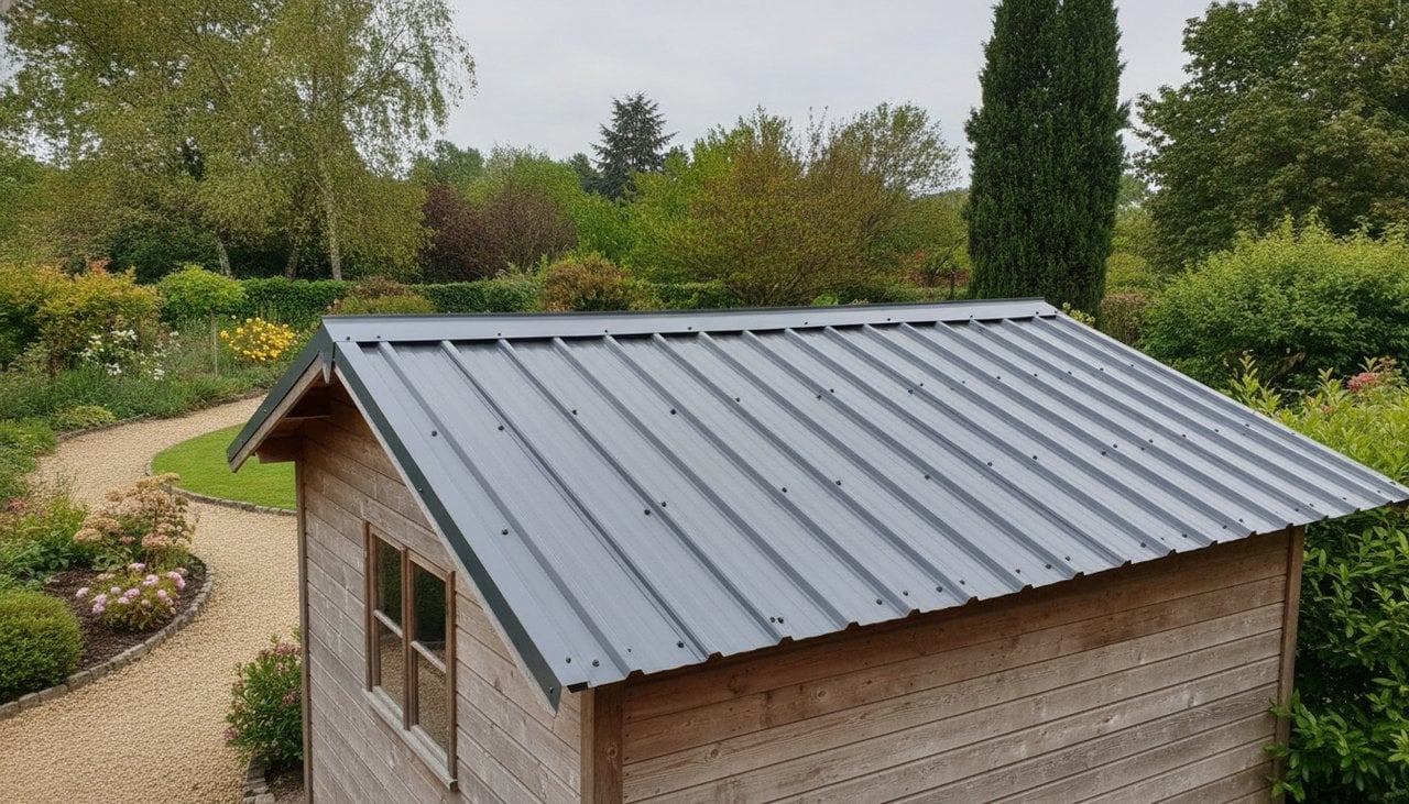 Toit d'abri de jardin couvert en plaques de bac acier anthracite fixées par des vis à rondelle d'étanchéité